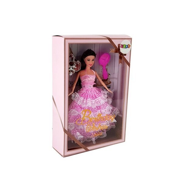 Lėlė su rožine suknele ir priedais, 28 cm