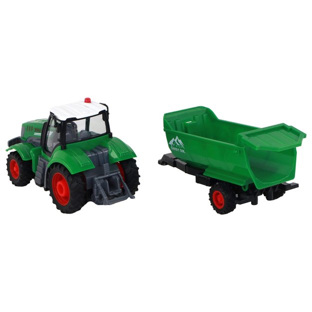 Nuotoliniu būdu valdomas traktorius su priekaba, žalias