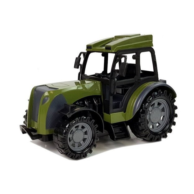 Nuotoliniu būdu valdomas žalias traktorius su rąstų priekaba 