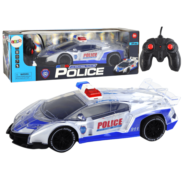 Nuotoliniu būdu valdomas sportinis policijos automobilis su šviesomis