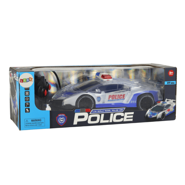 Nuotoliniu būdu valdomas sportinis policijos automobilis su šviesomis