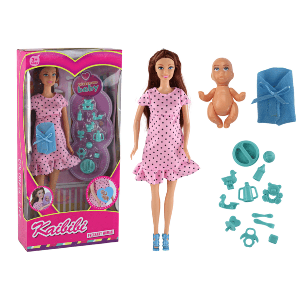 Nėščia lėlė su rožine suknele, kūdikiu ir priedais
