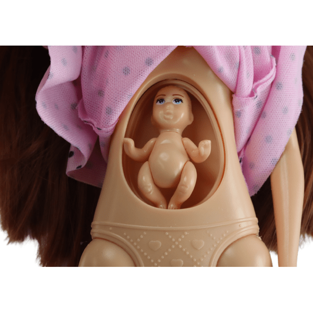 Nėščia lėlė su rožine suknele, kūdikiu ir priedais