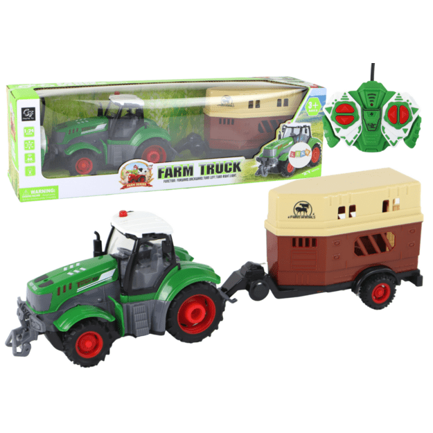 Nuotoliniu būdu valdomas traktorius su priekaba ir šviesos efektais, žalias
