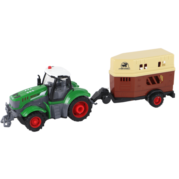 Nuotoliniu būdu valdomas traktorius su priekaba ir šviesos efektais, žalias
