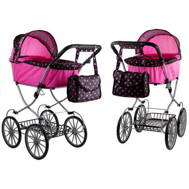Retro vežimėlis lėlems Alice XL, rožiniai juodas