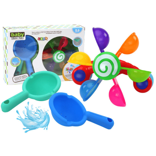 Vonios žaislas su spalvotais dubenėliai su dviem šaukštais