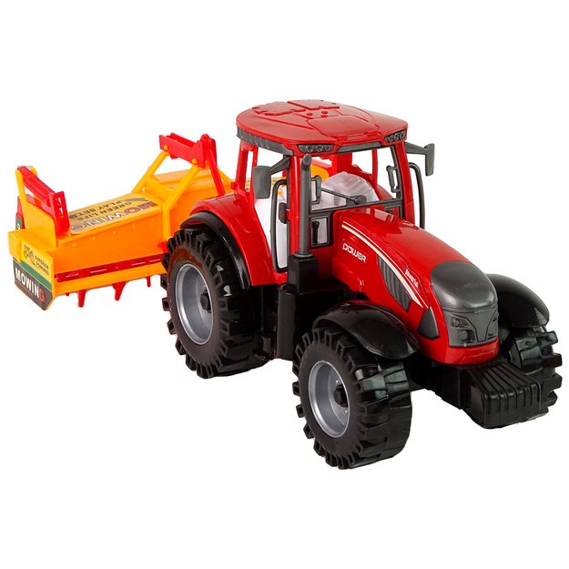 Raudonas traktorius su kultivatoriumi