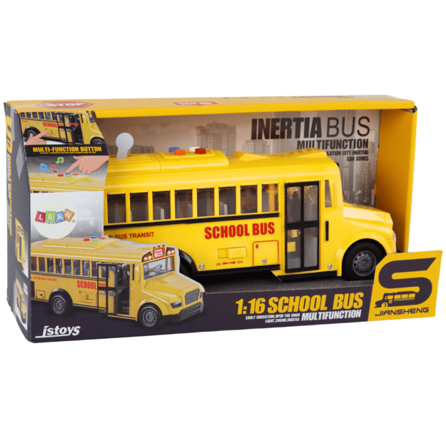 Žaislinis mokyklinis autobusas su garso ir šviesos efektais, geltonas