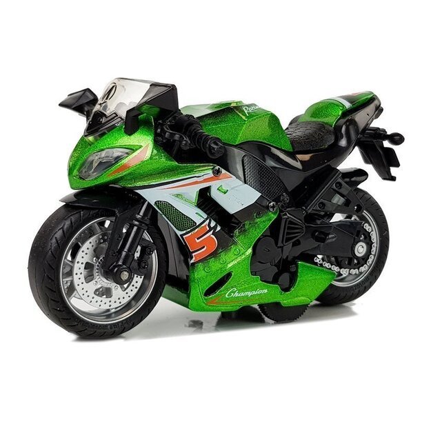 Sportinis motociklas su garso efektais, žalias