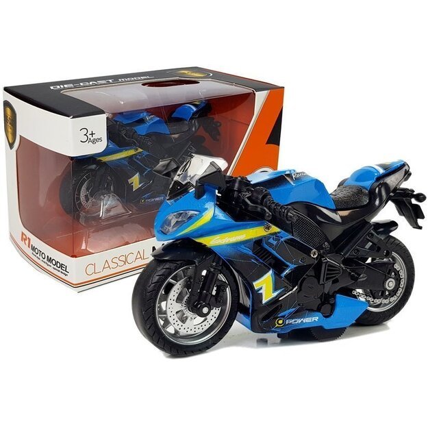 Sportinis motociklas su garso efektais, mėlynas