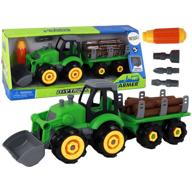 Traktoriaus su puspriekabe ir priedais, žalias
