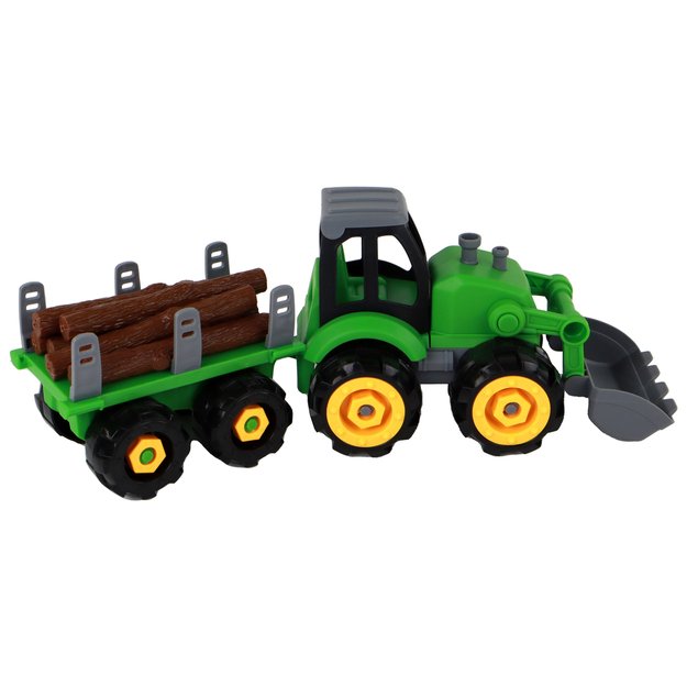 Traktoriaus su puspriekabe ir priedais, žalias