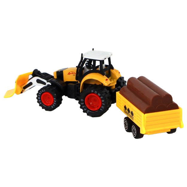 Žaislinis traktorius su priekaba ir buldozeriu, geltonas