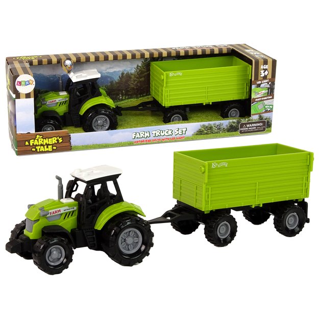 Žaislinis traktorius su žalia priekaba