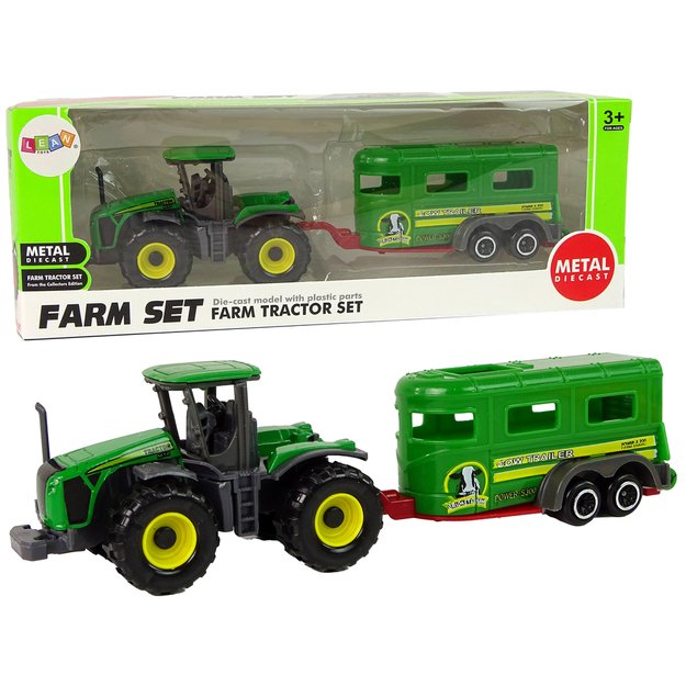 Žaislinis traktorius su gyvūnų transporteriu