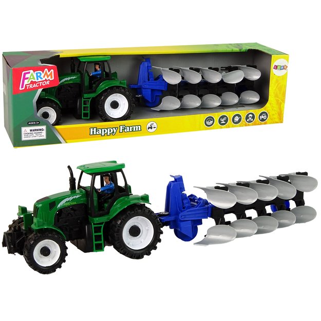 Žaislinis traktorius su mėlynu plūgu