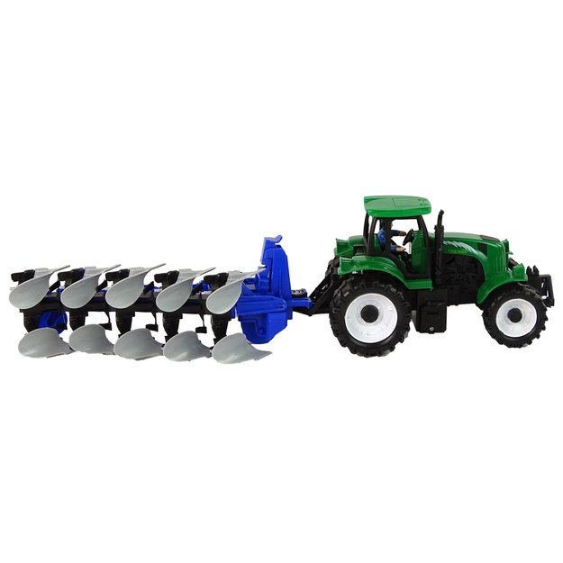 Žaislinis traktorius su mėlynu plūgu
