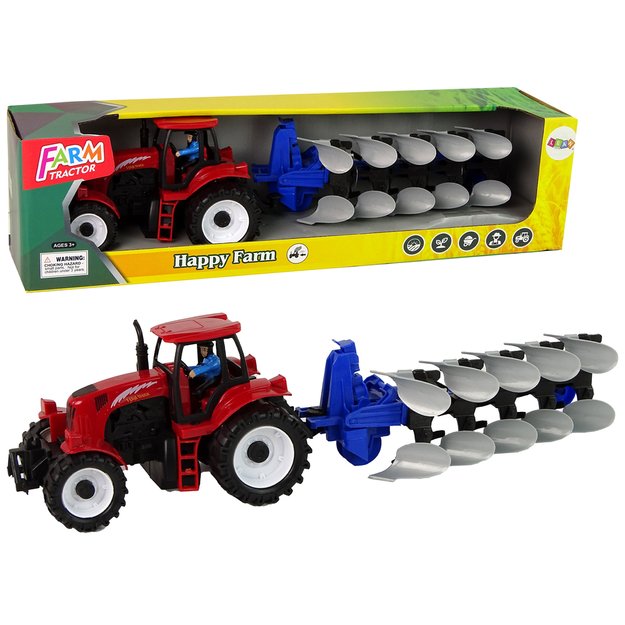 Žaislinis raudonas traktorius su mėlynu plūgu