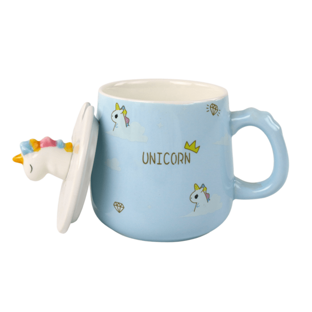 Vaikiškas keraminis puodelis su šaukštu ir dangteliu, vienaragis, mėlynas