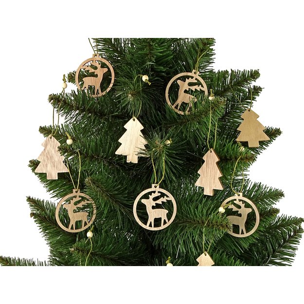 Kalėdų eglutės dekoracija, medinės eglutės ir elniai
