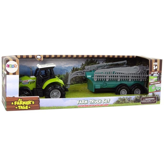 Žalias traktoriaus su purkštuvo priekaba