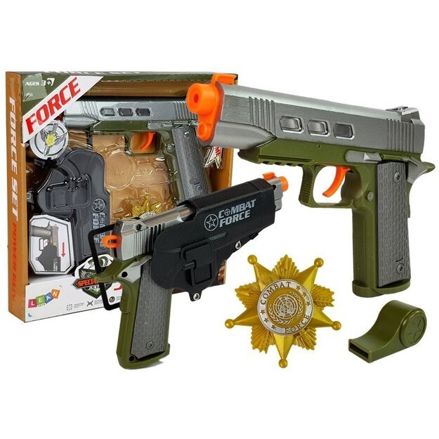 Policininko rinkinys - pistoletas su dėklu, ženkliukas, švilpukas
