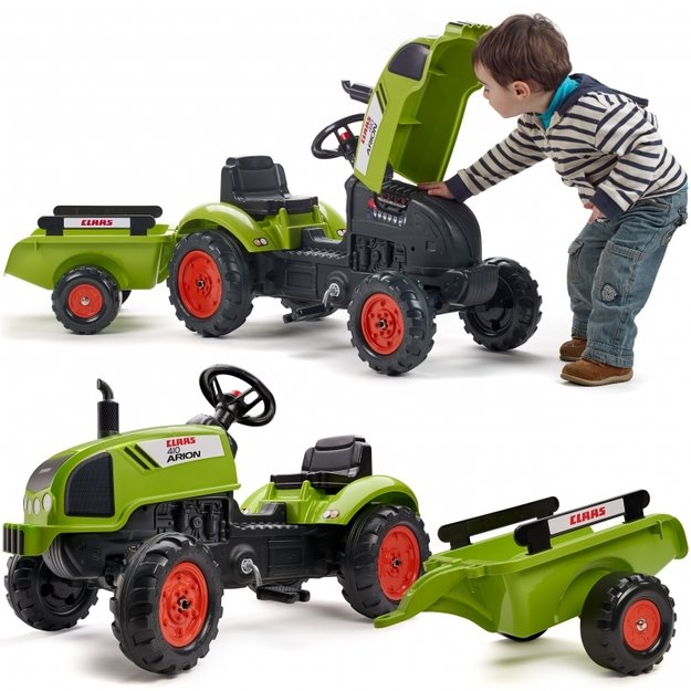 Vaikiškas minamas traktorius su kaušu ir priekaba CLAAS Falk, žalias