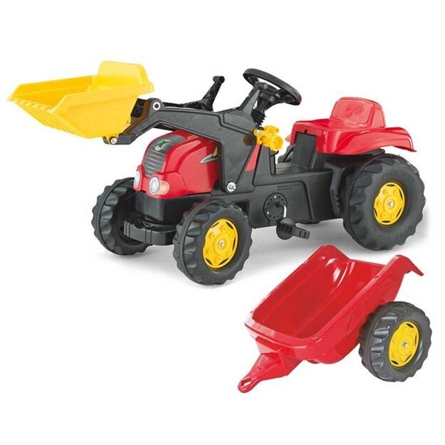 Traktorius minamas pedalais su priekaba ir krautuvu, Rolly Toys, raudonas