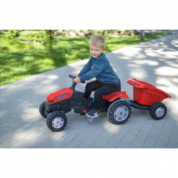 Vaikiškas traktorius su pedalais ir priekaba GoTrac, raudonas