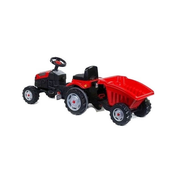 Vaikiškas traktorius su pedalais ir priekaba GoTrac, raudonas