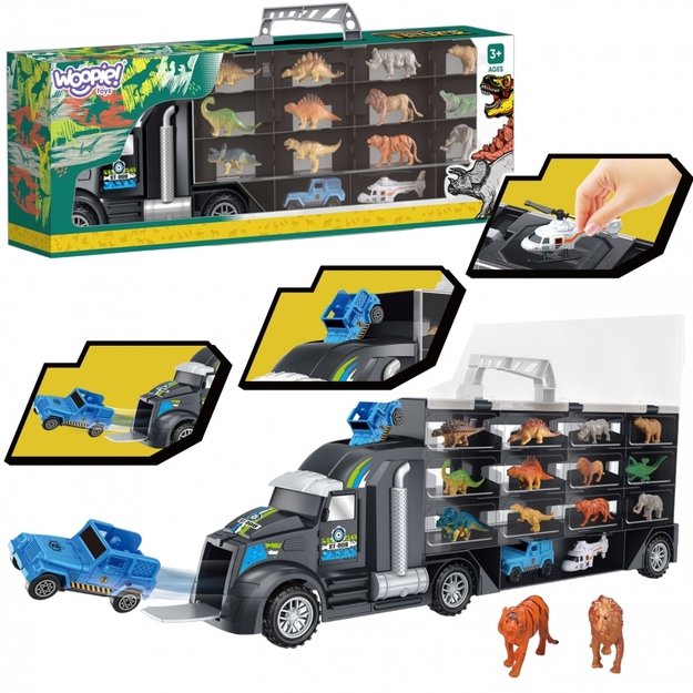 Sunkvežimio su transporto priemonėmis ir dinozaurais rinkinys, WOOPIE