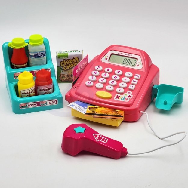 Žaislinis kasos aparatas su lentyna ir priedais, WOOPIE, rožinis