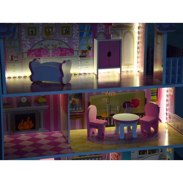 Medinis lėlių namelis su baldais ir led šviesa