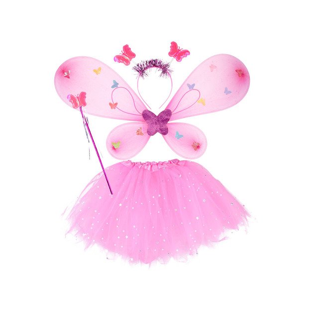 Fėjos kostiumas su šviečiančiais sparnais ir sijonu, rožinis