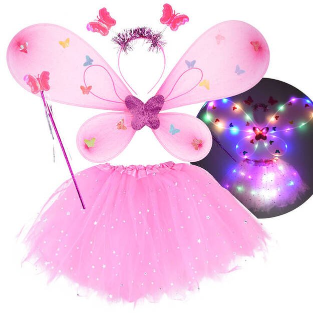 Fėjos kostiumas su šviečiančiais sparnais ir sijonu, rožinis