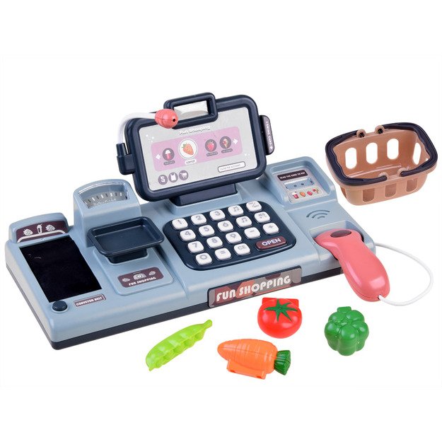 Žaislinis kasos aparatas su skeneriu, svarstyklėmis ir kitais priedais