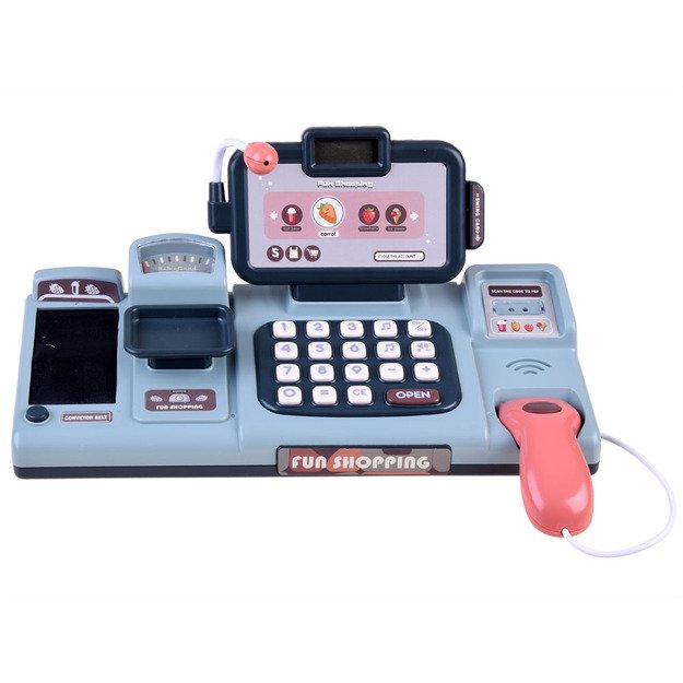 Žaislinis kasos aparatas su skeneriu, svarstyklėmis ir kitais priedais