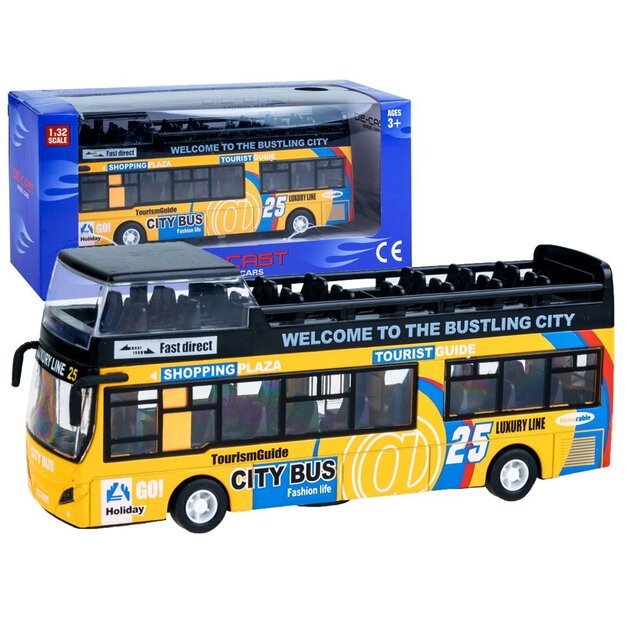 Metalinis dviaukštis autobusas su garso ir šviesos efektais, geltonas