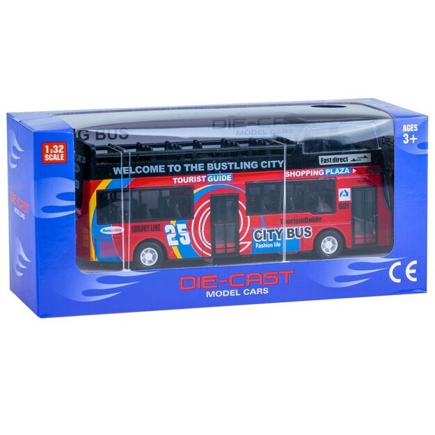 Metalinis dviaukštis autobusas su garso ir šviesos efektais, raudonas