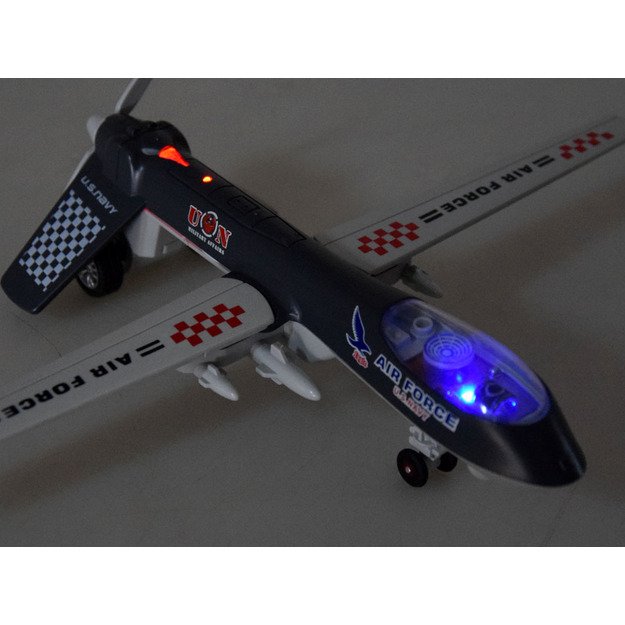 Karinio drono modelis su garso ir šviesos efektais, pilkas