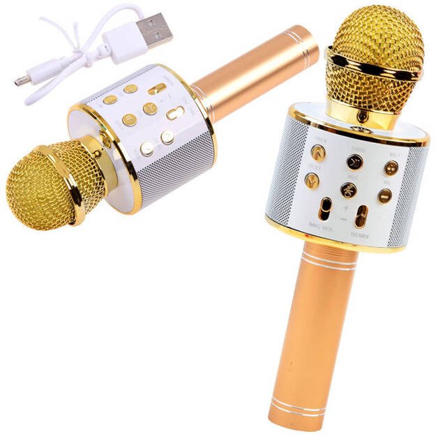 Belaidis karaoke mikrofonas su garsiakalbiu, auksinis