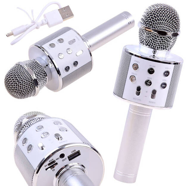 Belaidis karaoke mikrofonas su garsiakalbiu, sidabrinis