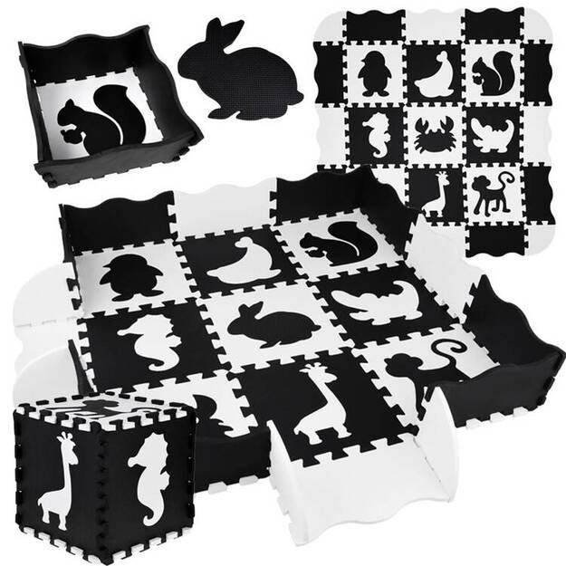 Putplasčio kilimėlis dėlionė gyvūnai, juodai balta