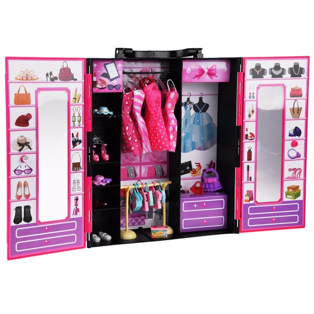 Lėlės ir drabužių spintos su priedų rinkinys, rožinis
