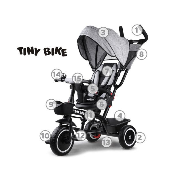 Vaikiškas triratukas su stogeliu 3in1 „Tiny Bike“, pilkas