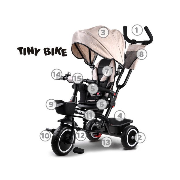 Vaikiškas triratukas su stogeliu 3in1 „Tiny Bike“, smėlio spalvos​