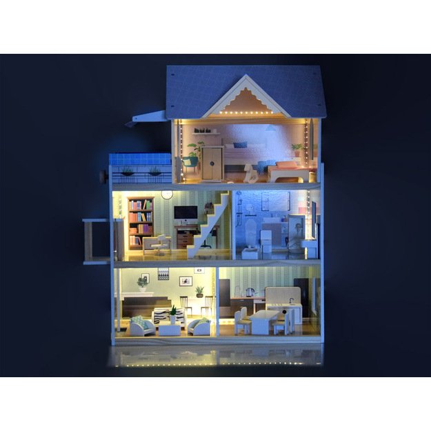 Medinis lėlių namelis su baseinu, liftu, baldais ir LED šviesa