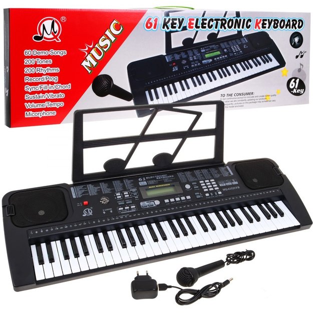 Daugiafunkcinis elektrinis pianinas vaikams su mikrofonu ir taktometru, juodas