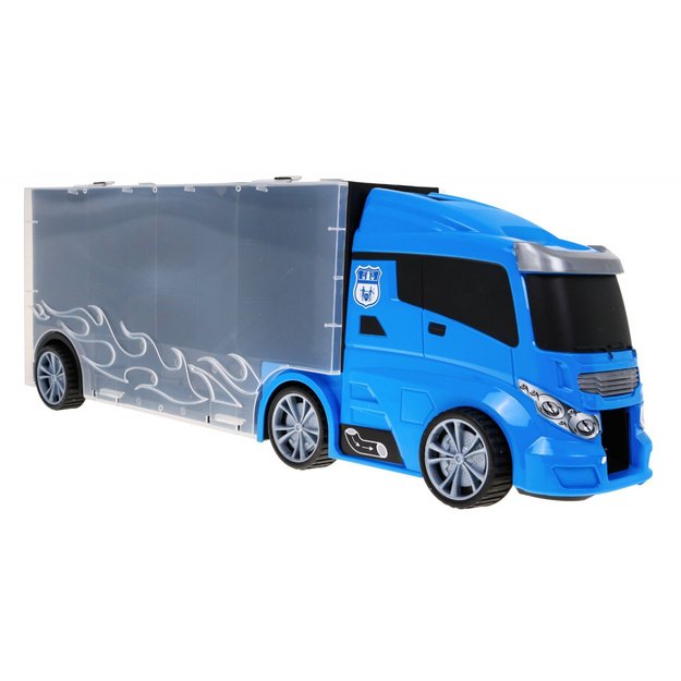 Didelis sunkvežimis transporteris su  automobilių modeliukais, mėlynas